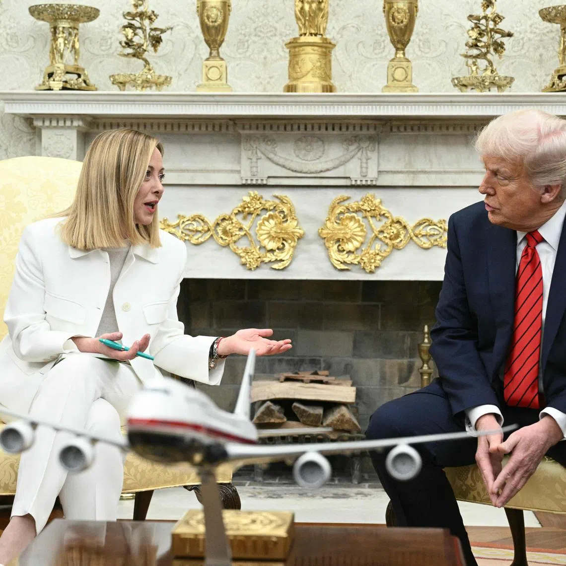 US President Donald Trump (right) meets with Italian Prime Minister Giorgia Meloni at the White House in Washington on April 17.