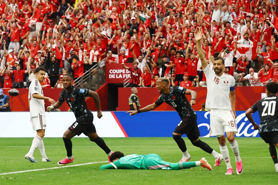 Soccer Football - FIFA World Cup 2026 - Group B - Canada v Qatar - BC Place, Vancouver, Canada - June 18, 2026 Canada's Cyle Larin celebrates scoring their first goal REUTERS/Agustin Marcarian