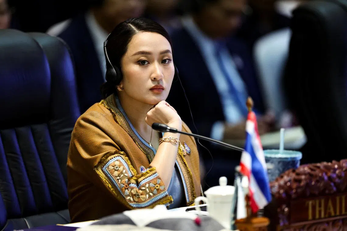FILE PHOTO: Thailand's Prime Minister Paetongtarn Shinawatra attends the 25th ASEAN-Republic of Korea Summit to commemorate the 35th Anniversary of Dialogue Relations, at the National Convention Centre in Vientiane, Laos, October 10, 2024. REUTERS/Athit Perawongmetha/File Photo