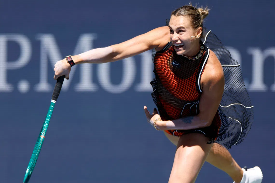 Tennis - U.S. Open - Flushing Meadows, New York, United States - August 25, 2026 Belarus' Aryna Sabalenka in action during her mixed doubles round of 16 match with Serbia's Novak Djokovic against Britain's Henry Patten and Czech Republic's Katerina Siniakova REUTERS/Eduardo Munoz