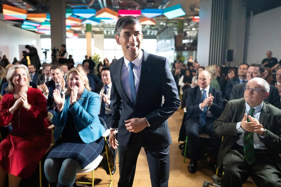 British Prime Minister Rishi Sunak arrives to deliver his first major domestic speech of 2023 at Plexal, Queen Elizabeth Olympic Park, in east London, Britain January 4, 2023. Stefan Rousseau/Pool via REUTERS
