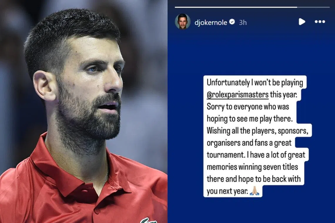 Serbia's Novak Djokovic announced his withdrawal from the Paris Masters - where he is a seven-time champion - on Instagram.