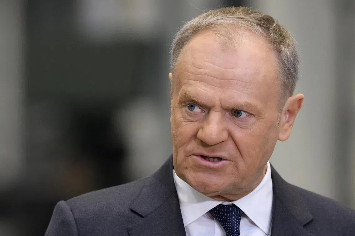 FILE PHOTO: Poland's Prime Minister Donald Tusk holds a press conference during a signing event for the delivery of anti-aircraft systems capable of countering unmanned aerial vehicles in Kobylka, Poland, January 30, 2026. REUTERS/Kuba Stezycki/File Photo
