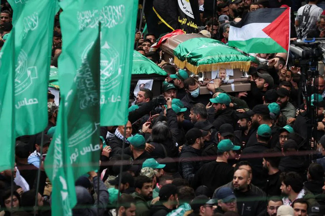 Mourners gather during the funeral of deputy head of Hamas, Saleh al-Arouri, who was killed by what Lebanese and Palestinian security sources say was a drone strike by Israel in Beirut, Lebanon January 4, 2024. Israel has neither confirmed nor denied that it killed Arouri in the attack. REUTERS/Mohamed Azakir