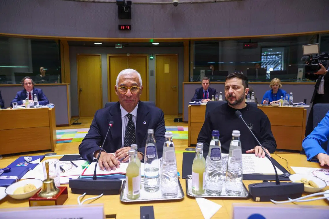 European Council president Antonio Costa (left) and Ukrainian President Volodymyr Zelensky attending the European Council leaders meeting in Brussels on Dec 19.