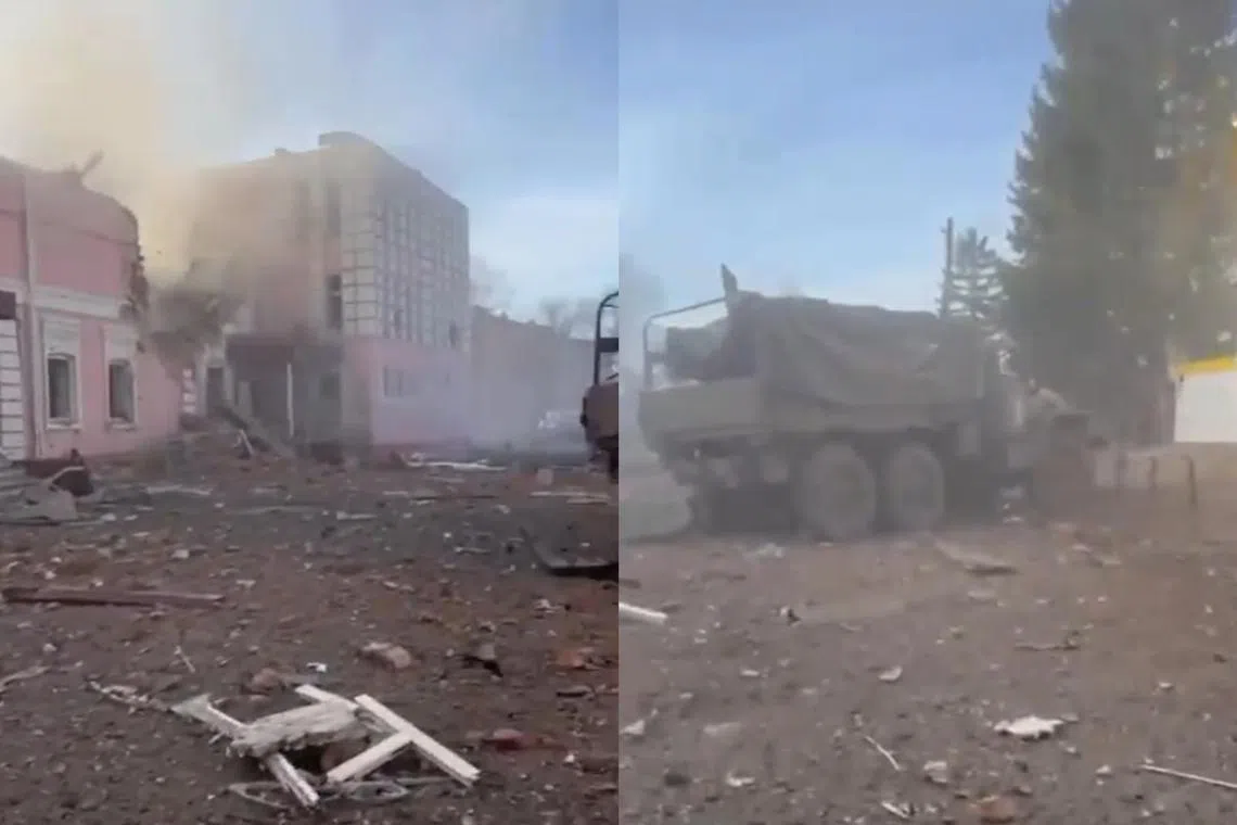 Screen grabs from a video posted online showing the aftermath of a Ukrainian strike on a Russian command post in Maryino, K