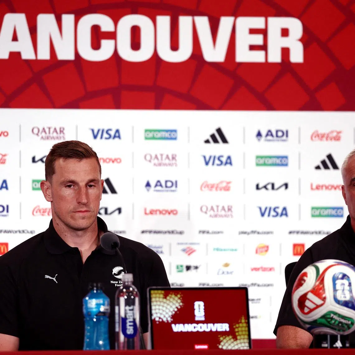 Soccer Football - FIFA World Cup 2026 - New Zealand Press Conference - BC Place, Vancouver, Canada - June 20, 2026 New Zealand's Chris Wood and coach Darren Bazeley during a press conference REUTERS/Lee Smith