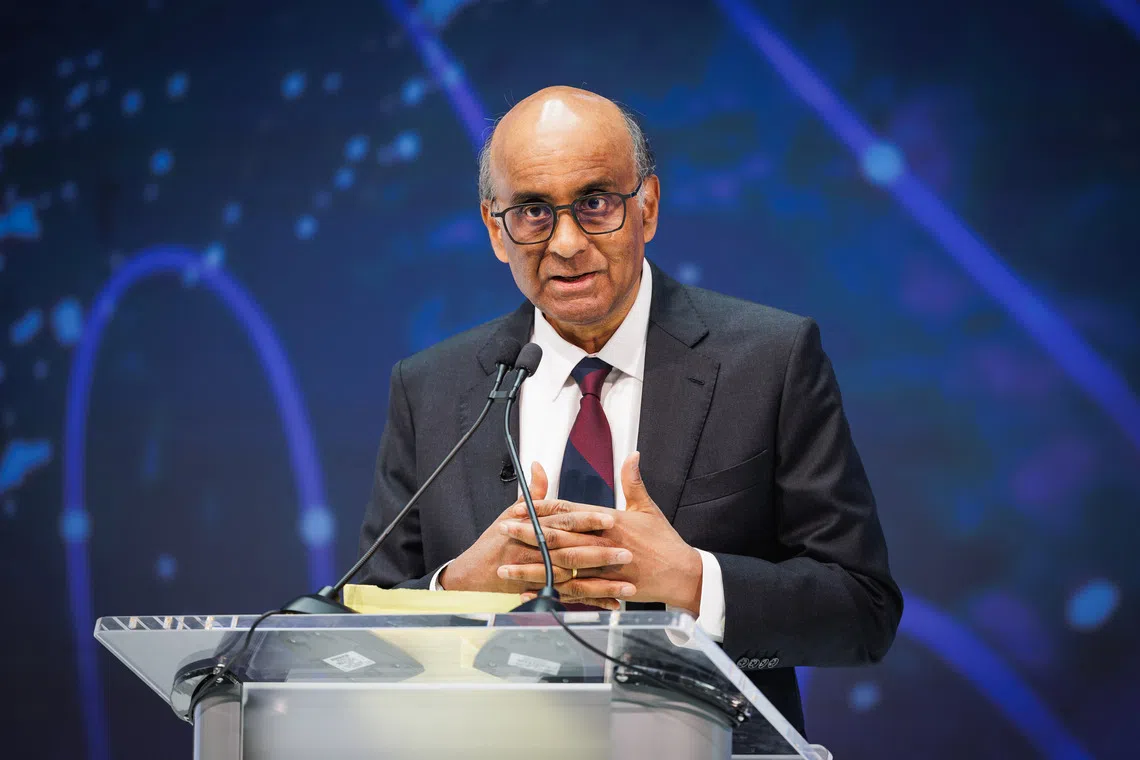 Singapore's President Tharman Shanmugaratnam delivering the 2025 Per Jacobsson Foundation Lecture at the International Monetary Fund's headquarters in Washington DC on Oct 15, 2025.