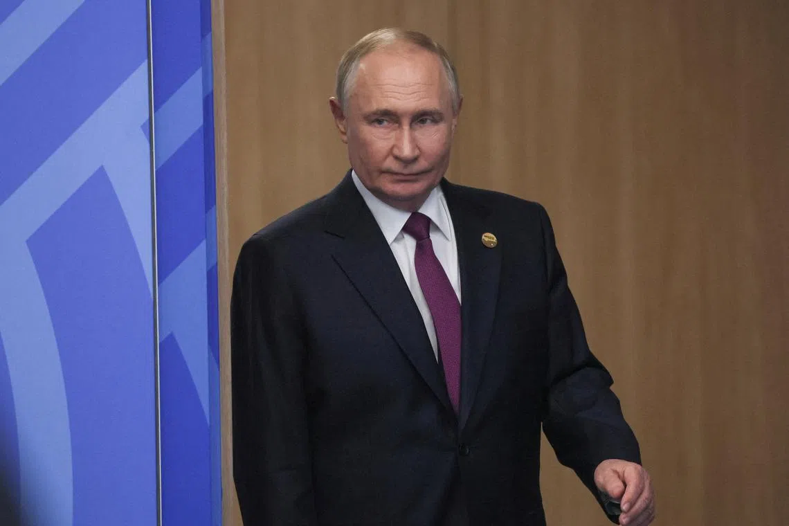 FILE PHOTO: Russia's President Vladimir Putin attends a meeting with Mauritania's President Mohamed Ould Ghazouani on the sidelines of the BRICS summit in Kazan, Russia October 24, 2024. Maxim Shipenkov/Pool via REUTERS/File Photo