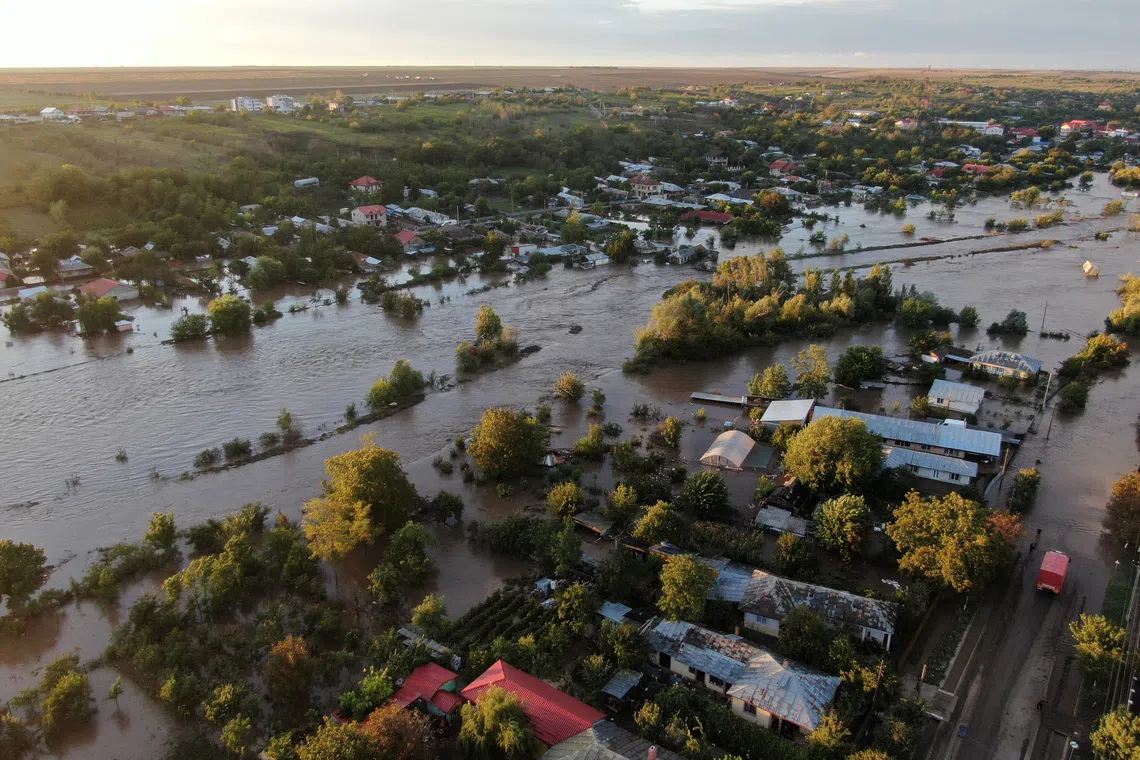 A drone view shows a flooded area, after heavy rain triggered flooding in Slobozia Conachi, Galati country, Romania, September 14, 2024. Inquam Photos/George Calin via REUTERS