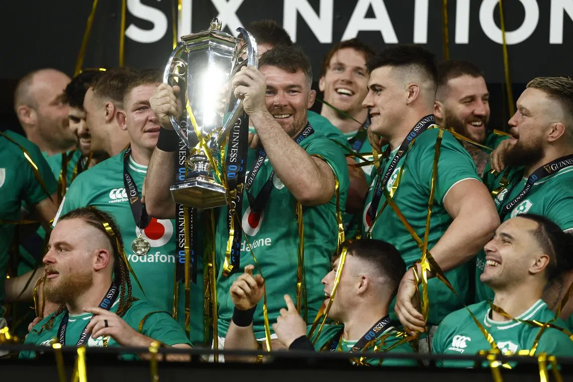 Rugby Union - Six Nations Championship - Ireland v Scotland - Aviva Stadium, Dublin, Ireland - March 16, 2024 Ireland's Peter O'Mahony celebrates with the trophy after winning the Six Nations Championship REUTERS/Clodagh Kilcoyne
