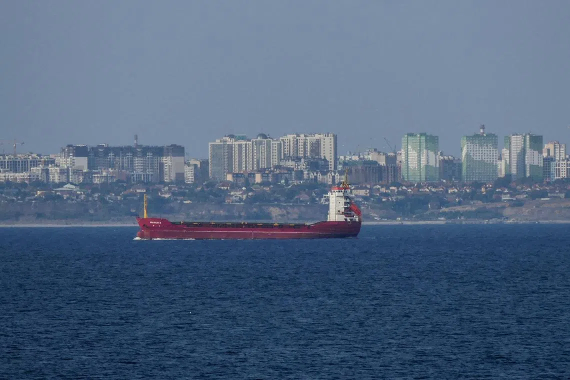 The Maranta bulk carrier near Odessa on Oct 3. It entered the sea port using a temporary corridor for civilian vessels in the Black Sea established by the Ukrainian Navy after Russia's withdrawal from a grain deal. 