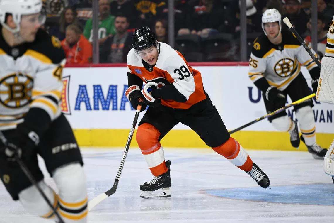 FILE PHOTO: Nov 2, 2024; Philadelphia, Pennsylvania, USA; Philadelphia Flyers right wing Matvei Michkov (39) in action against the Boston Bruins in the second period at Wells Fargo Center. Mandatory Credit: Kyle Ross-Imagn Images/File Photo