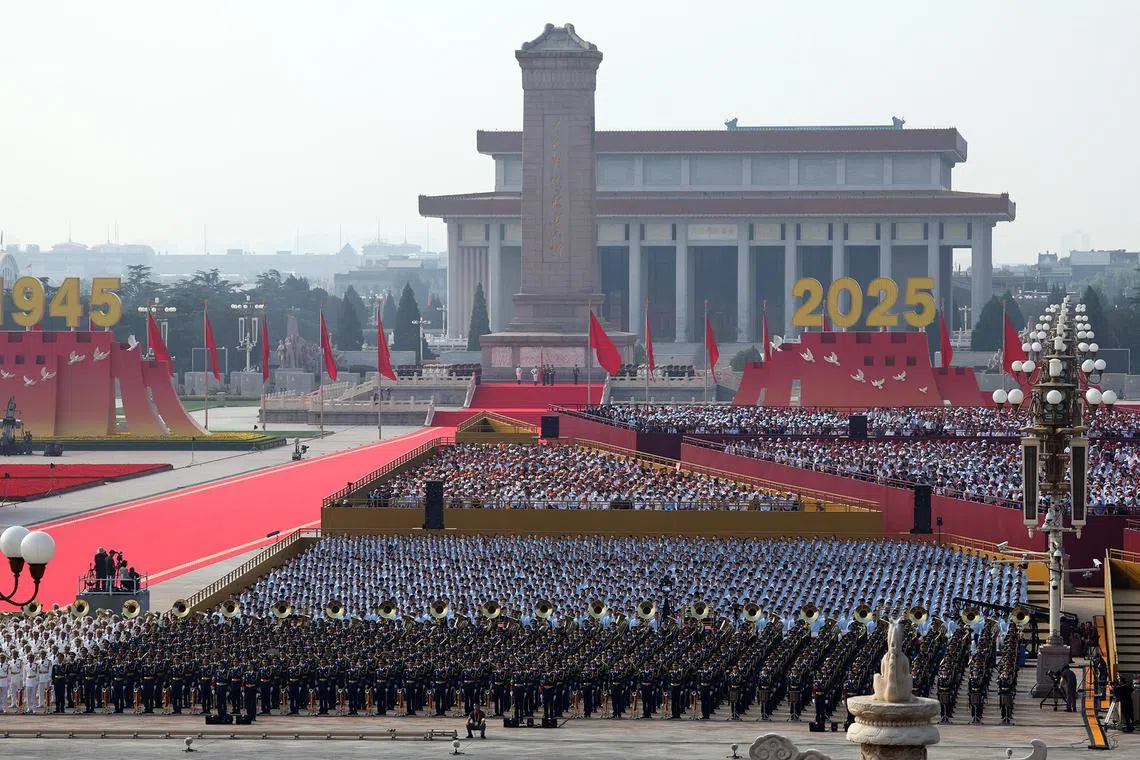 Chinese servicemen marching in formation before a military parade marking the 80th anniversary of victory over Japan and the end of World War II in Tiananmen Square on Sept 3, 2025. 
