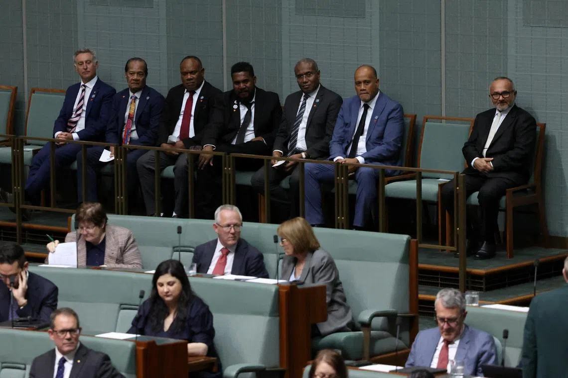 Solomon Islands Prime Minister Matthew Wale and his delegation listen during Question Time in the House of Representatives at Parliament House in Canberra, Australia, June 3, 2026. REUTERS/Hollie Adams