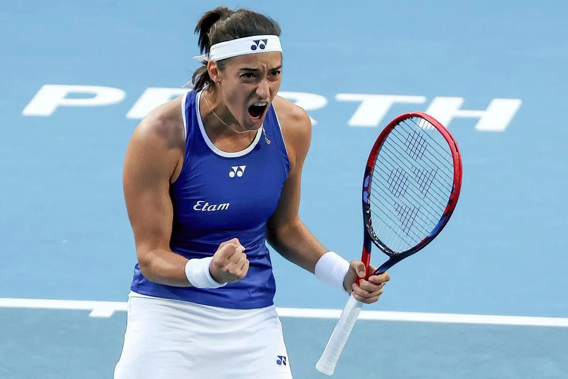 France's Caroline Garcia celebrates beating Croatia's Petra Martic at the United Cup in Perth on Jan 3, 2023. 