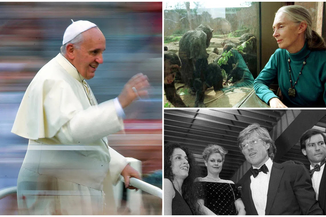 (Clockwise from left) Pope Francis, Jane Goodall and Robert Redford are among some of the notable figures who passed on in 2025.