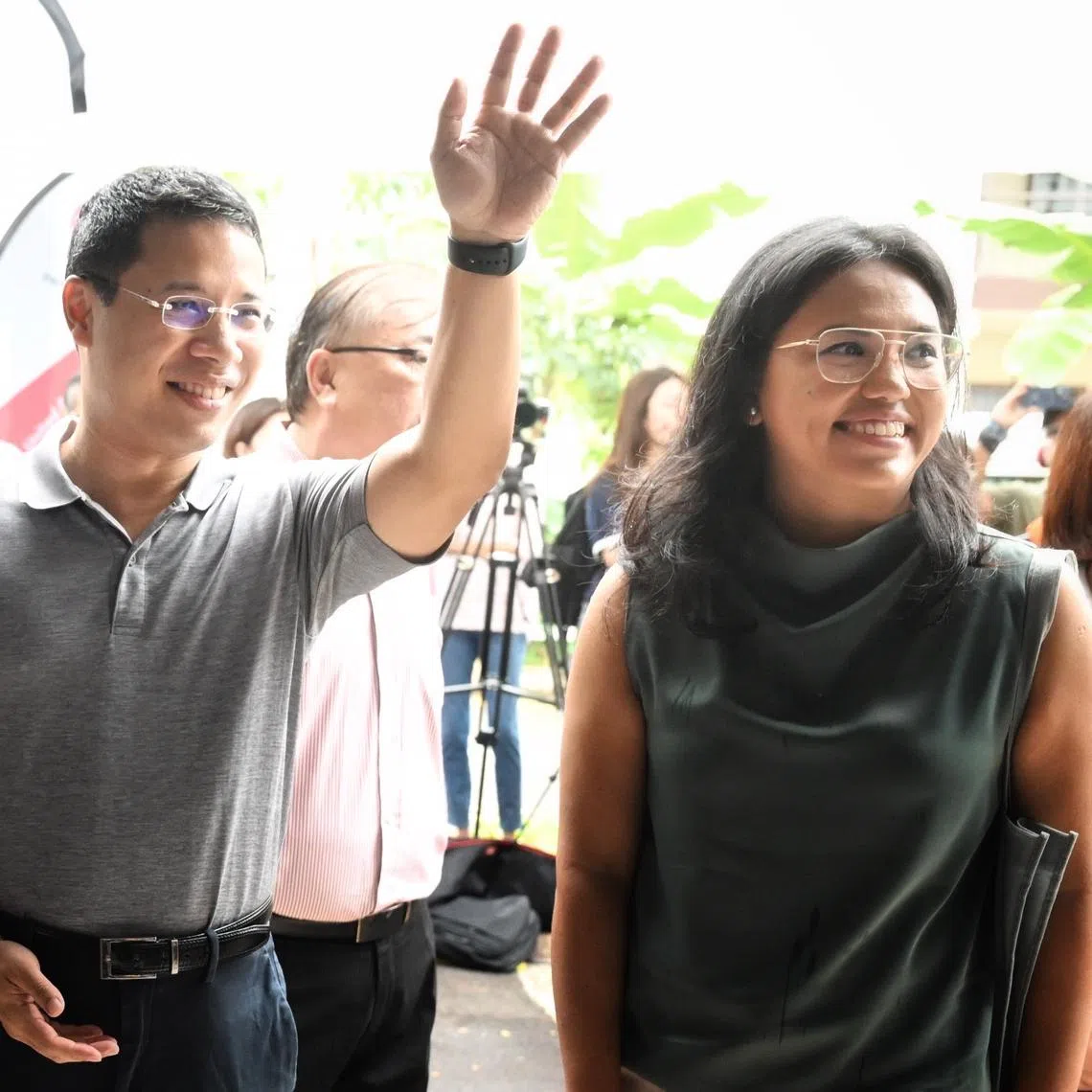 National Development Minister Desmond Lee and trade unionist Natasha Choy at an event held in Jalan Mas Kuning on April 2.