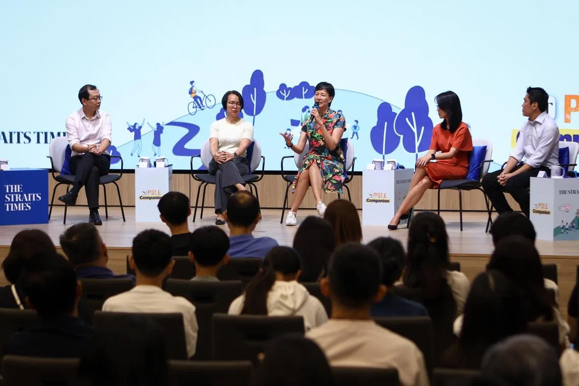 (From left) Ahmad Ibrahim Secondary School principal Goh Soon Hoe, Anderson Secondary School principal Tan Po Chin, National Junior College principal Lucy Toh, Pasir Ris Crest Secondary School principal Koh Caiyu and St Andrew’s School (Secondary) principal Mr Lee Han Hwa on a panel at the SPH Media Auditorium for the ST Post-PSLE forum on Oct 31.