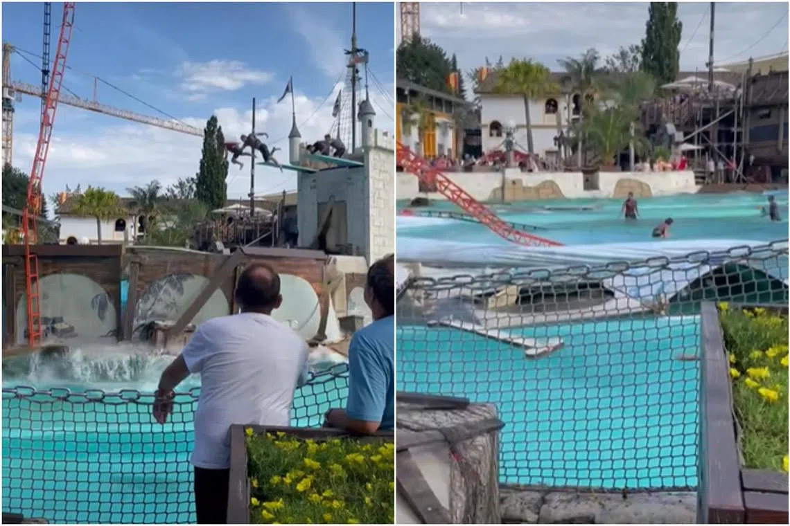 The collapse sent the performers tumbling in the air before plunging 7.6m down into the water.