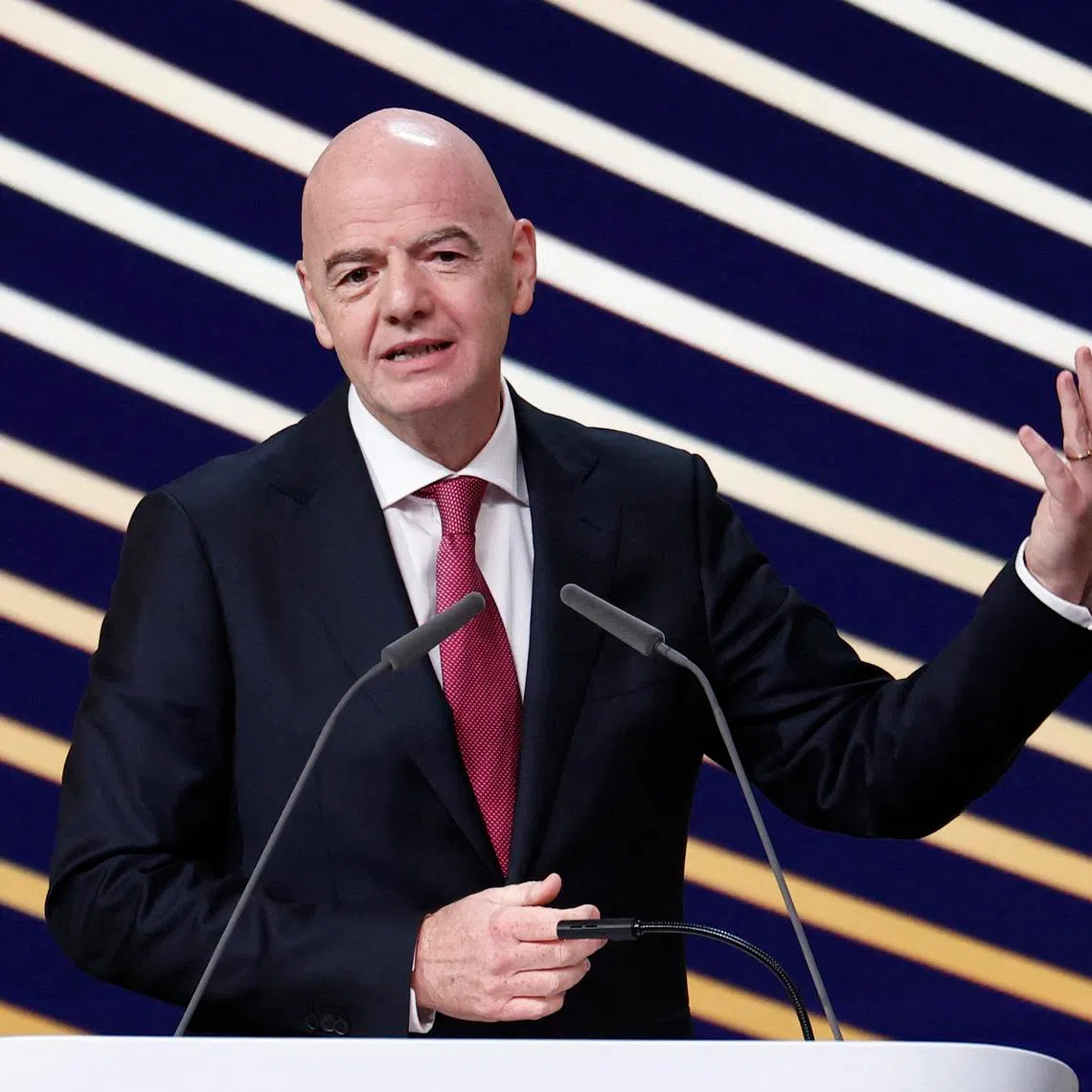 Soccer Football - 50th Ordinary UEFA Congress - Brussels Expo, Brussels, Belgium - February 12, 2026 FIFA president Gianni Infantino speaks during the event REUTERS/Benoit Tessier