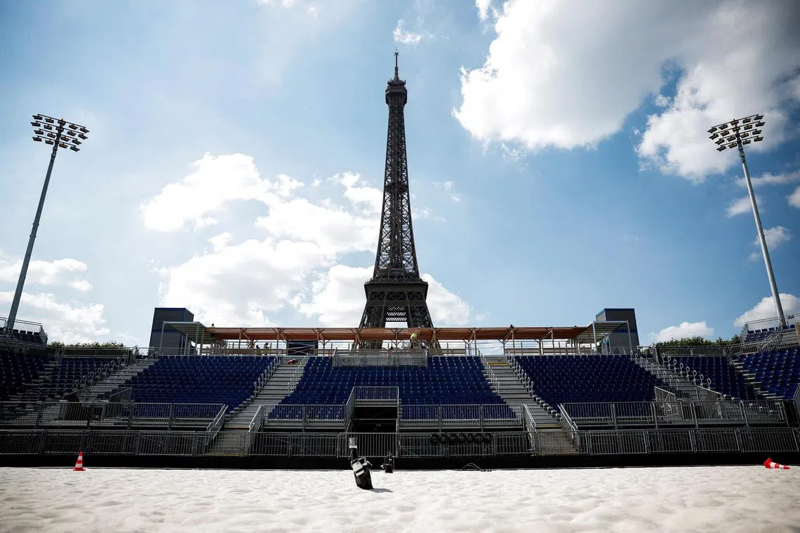 FILE PHOTO: A general view of the olympic Eiffel Tower Stadium venue where beach volleyball events will be held during the Paris 2024 Olympic Games, at the foot of the Eiffel Tower in Paris, France, June 25, 2024. REUTERS/Benoit Tessier/File Photo