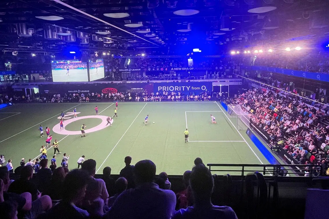 FILE PHOTO: A penalty is taken during a Baller League match at the Copper Box Arena in London, Britain, May 12, 2025. REUTERS/Streisand Neto/File Photo