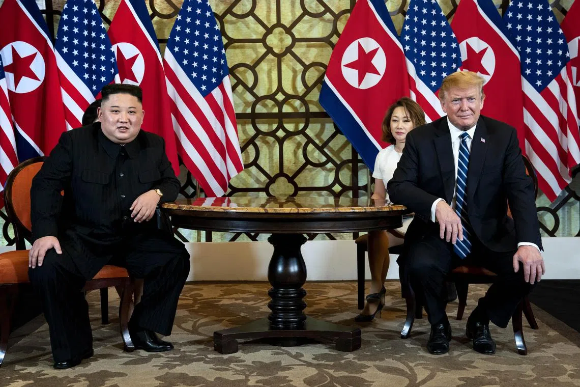 US President Donald Trump (right) and  North Korean leader Kim Jong Un meeting in Hanoi, Vietnam, in 2019.