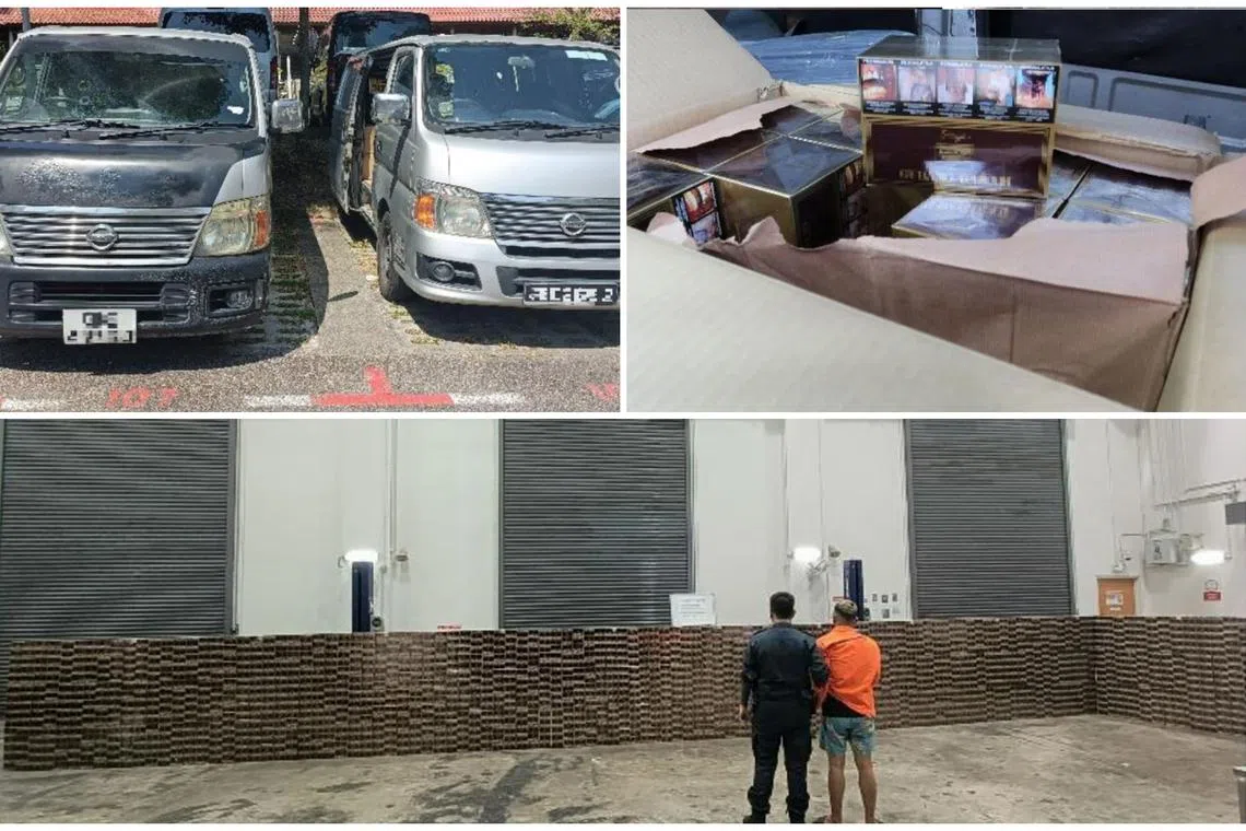Singapore Customs arrested the man, 29, and 1,946 cartons of duty-unpaid cigarettes were seized. They also seized both vans. 