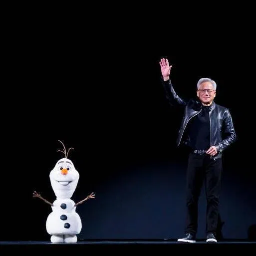 Olaf of Disney's Frozen franchise appearing on stage with Jensen Huang at Nvidia's annual developer conference, where Mr Huang showcased his company's expansion into new tech sectors, including AI-powered robotics. 