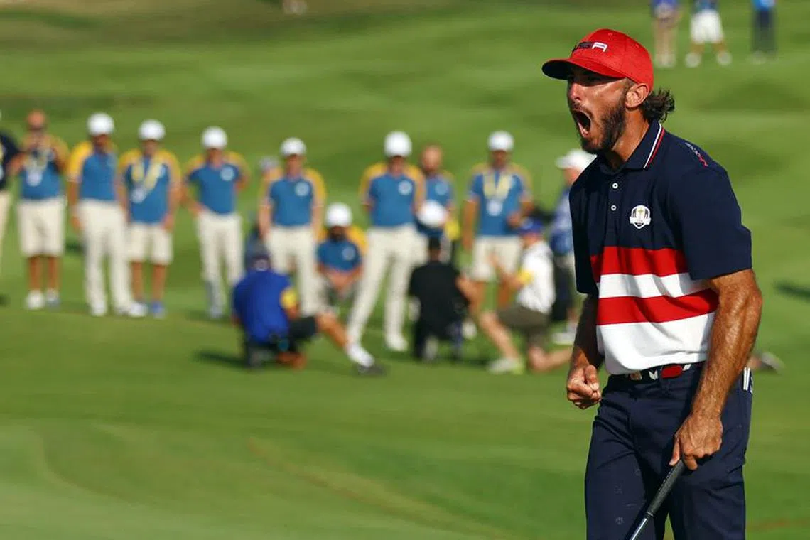 Golf - The 2023 Ryder Cup - Marco Simone Golf & Country Club, Rome, Italy - October 1, 2023 Team USA's Max Homa celebrates after holing his putt on the 18th hole to win his match during the Singles REUTERS/Carl Recine/ File Photo