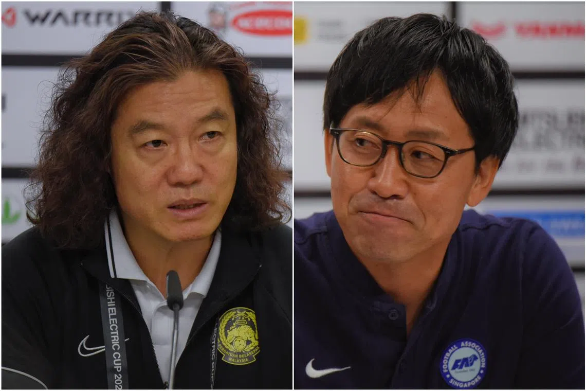 Malaysia coach Kim Pan-gon (left) and Lions coach Takayuki Nishigaya.