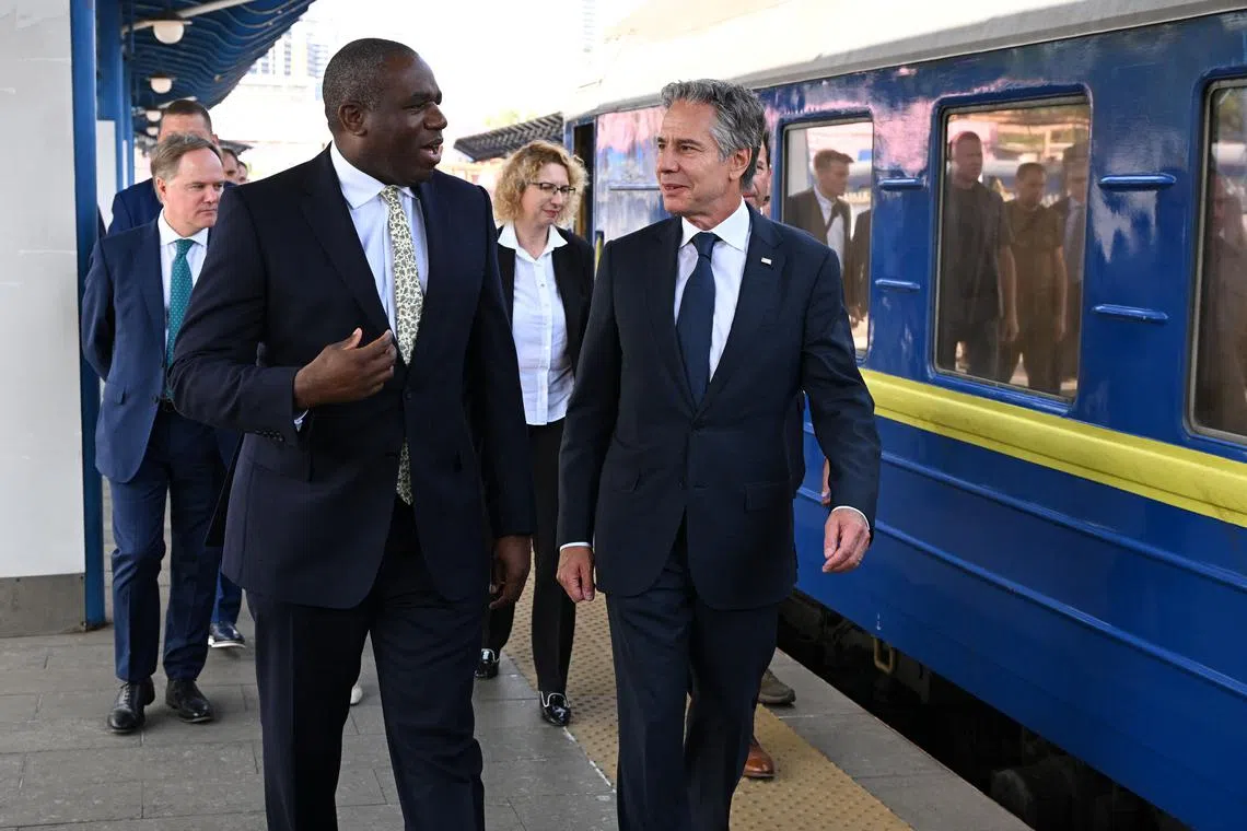 Britain's Foreign Secretary David Lammy and U.S. Secretary of State Antony Blinken arrive at Kyiv train station, as they prepare to travel to Ukraine, in Kyiv, Ukraine, September 11, 2024. The British Foreign Secretary joined his American counterpart on a visit to Ukraine to discuss the country's military needs in its fight against Russia. Leon Neal/Pool via REUTERS