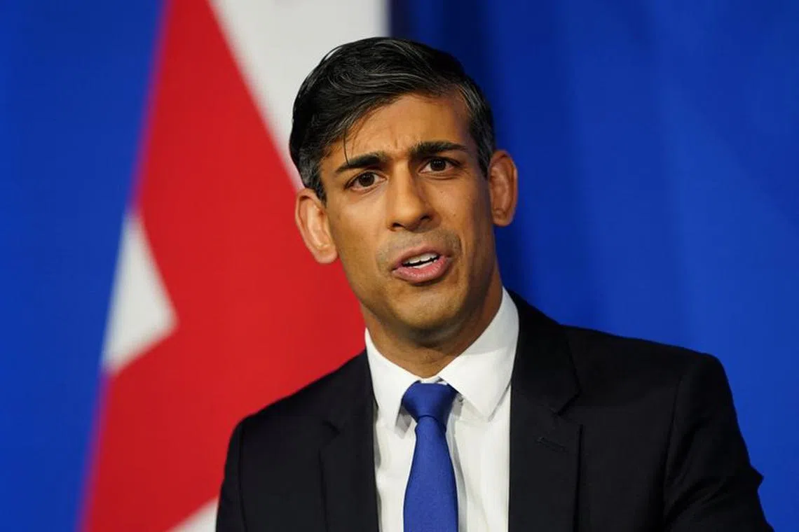 FILE PHOTO: Prime Minister Rishi Sunak during a press conference in the Downing Street Briefing Room, as he gives an update on the plan to \"stop the boats\" and illegal migration in London, Britain December 7, 2023. James Manning/Pool via REUTERS/File Photo
