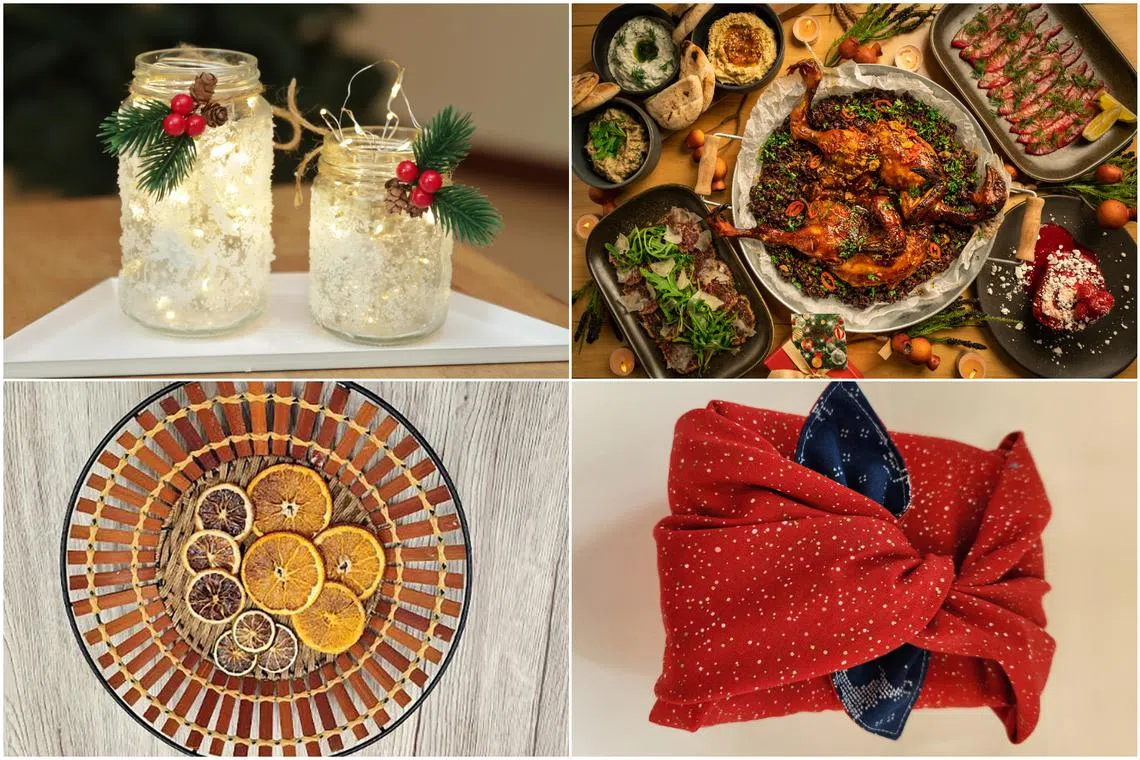 (Clockwise from top left) Homemade Christmas table centrepieces; tandoori chicken from True Cost Singapore restaurant; furoshiki, a traditional Japanese wrapping fabric; and dehydrated citrus fruit slices.