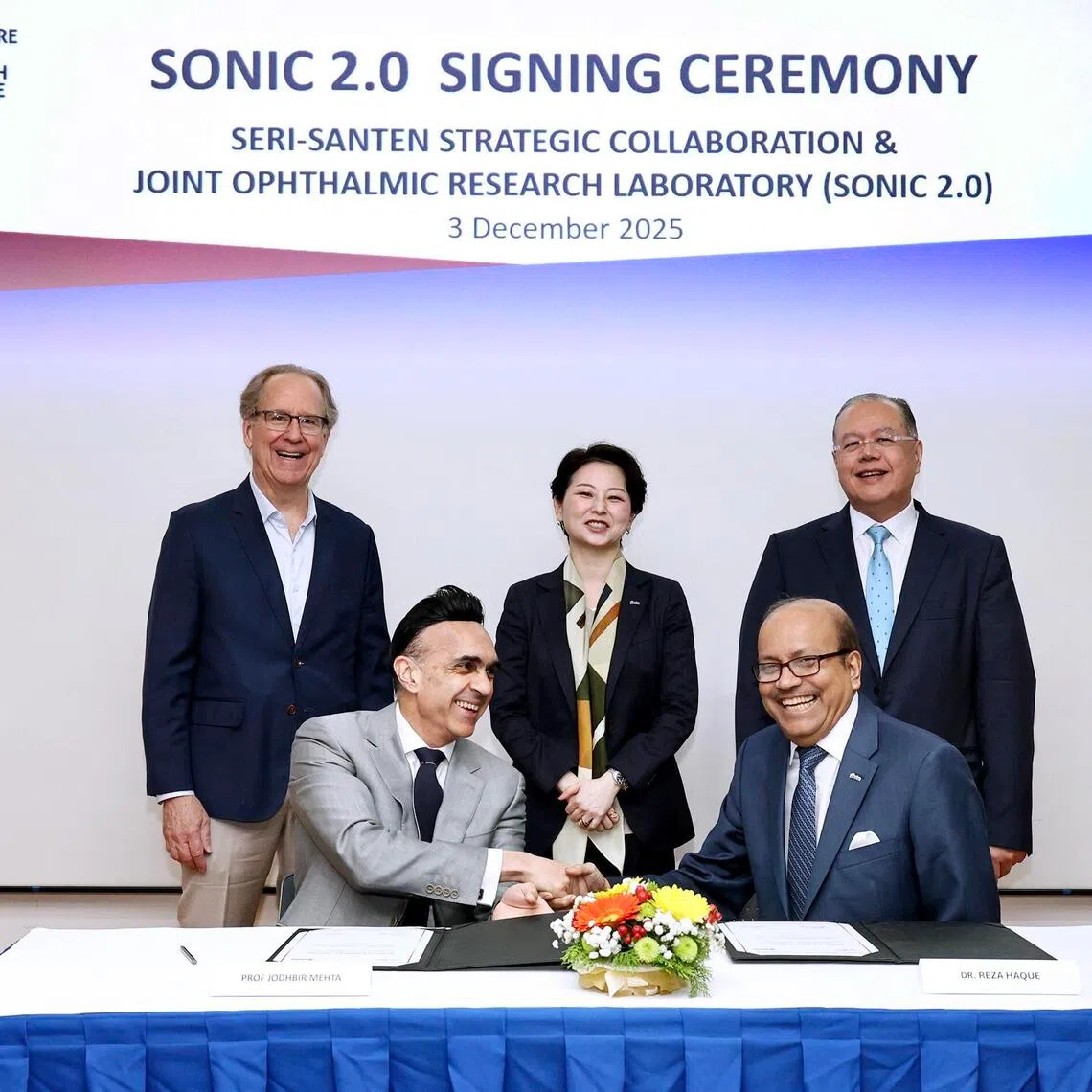 azsonic03 - ST20251203_202527200202. Hester Tan. The Singapore Eye Research Institute and Santen Pharmaceutical will partner on the Santen-SERI Open Innovation Center (SONIC) 2.0, a S$21 million collaboration focusing on glaucoma, ocular surface disease, presbyopia and myopia and advance novel therapeutics that for unmet clinical needs at SNEC Auditorium on 3 December 2025

Top row: (L) Prof Thomas Coffman, Dean of Duke-NUS Medical School, Miss Rie Nakajima, Director of the Board, Chief Operating Officer, Santen and Prof Aung Tin, CEO, Singapore National Eye Centre

Bottom Row: (L) Prof Jodhbir Mehta, Director, Singapore Eye Research Institute and Dr Reza Haque, Head of Ophthalmology Innovation Center, Santen

ST PHOTO: HESTER TAN