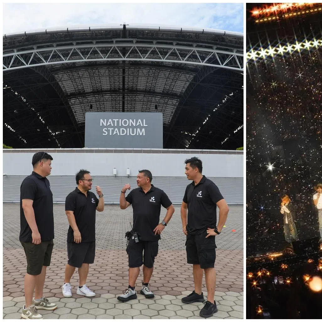 Kallang staff (from left) Lih Long Lee, Mitch Seeto, Calvin Christian Willem Palyama, and Tat Siong Ng, and BTS performing at their concert in Arirang.