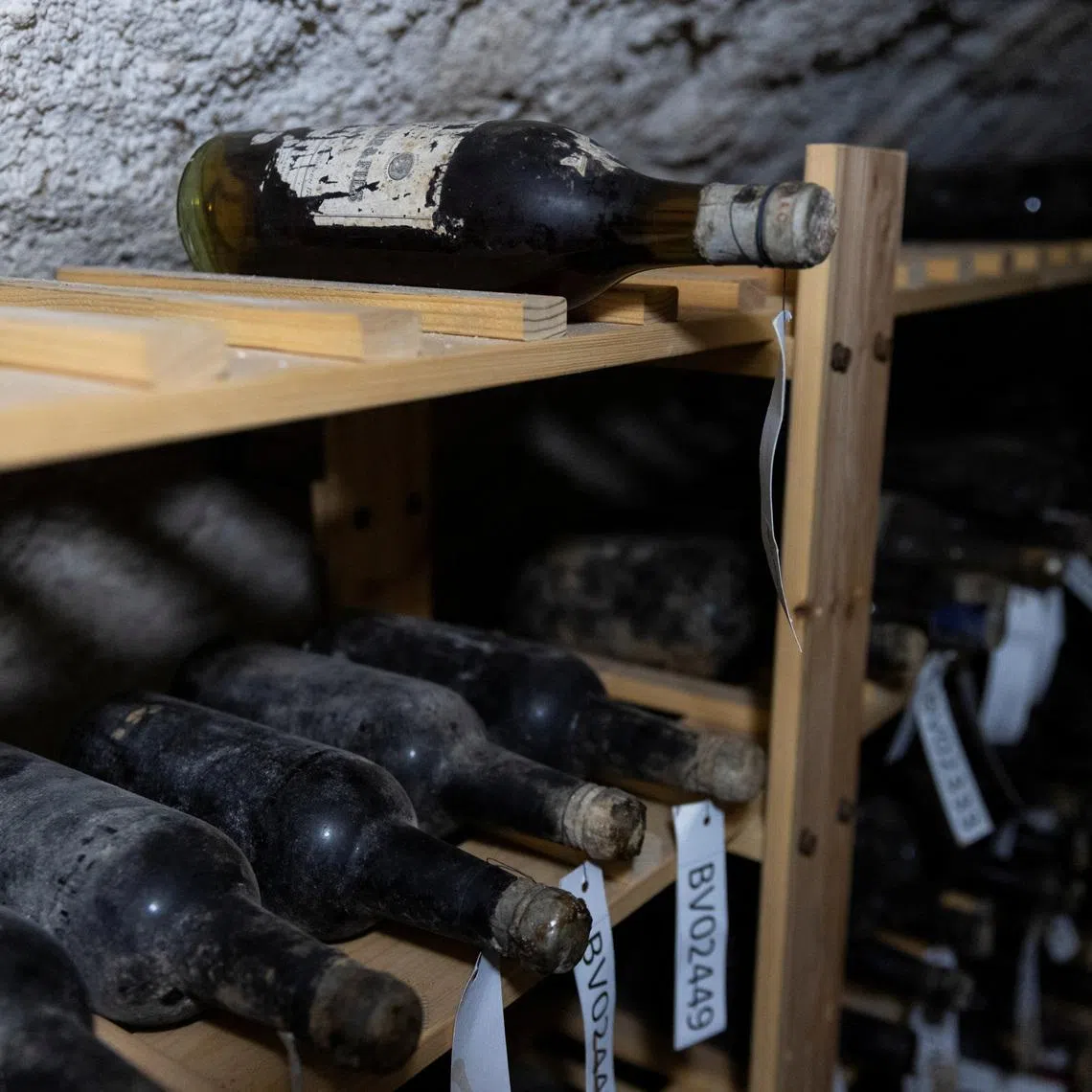 Bottles of 19th-century wine are kept on shelves in a cellar of Becov castle, as State Castle and Chateau of Becov nad Teplou, where the restored Chateau d'Yquem wine collection, discovered in 1985 and linked to the Beaufort-Spotin family, is presented to the public following a complex restoration with French experts in Becov nad Teplou, Czech Republic, June 1, 2026 REUTERS/Eva Korinkov