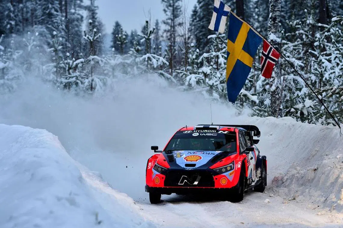Rallying - World Rally Championship - Rally Sweden - Umea, Sweden - February 15, 2024 Hyundai Shell Mobis World Rally Team's Esapekka Lappi and co-driver Janne Ferm in action during the shakedown Peo Moller/TT News Agency via REUTERS/File Photo