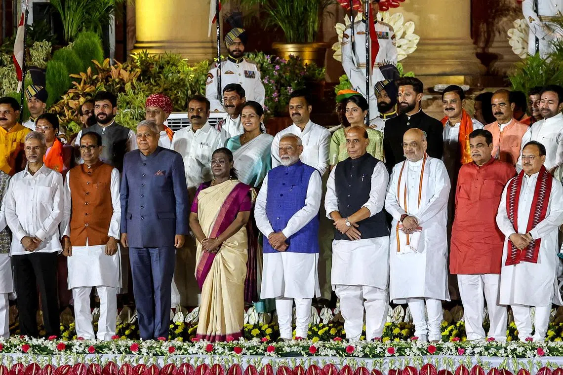 Indian Prime Minister Narendra Modi (front row, centre) has retained External Affairs Minister S Jaishankar (front row, left), one of his favourite ministers, in the key portfolio.