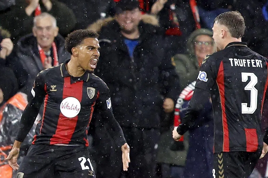Bournemouth’s Amine Adli (left) celebrates scoring his team’s third goal against AC Milan on Oct 22, with teammate Adrien Truffert.