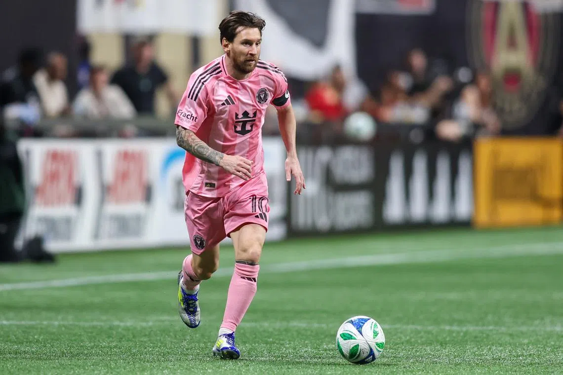 Mar 16, 2025; Atlanta, Georgia, USA; Inter Miami forward Lionel Messi (10) handles the ball against Atlanta United in the second half at Mercedes-Benz Stadium. Mandatory Credit: Brett Davis-Imagn Images/ File Photo