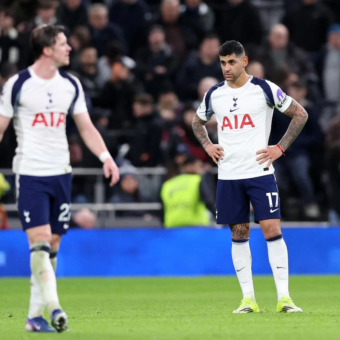 Soccer Football - Premier League - Tottenham Hotspur v Manchester City - Tottenham Hotspur Stadium, London, Britain - February 1, 2026 Tottenham Hotspur's Cristian Romero reacts after Manchester City's Antoine Semenyo scored their second goal REUTERS/David Klein