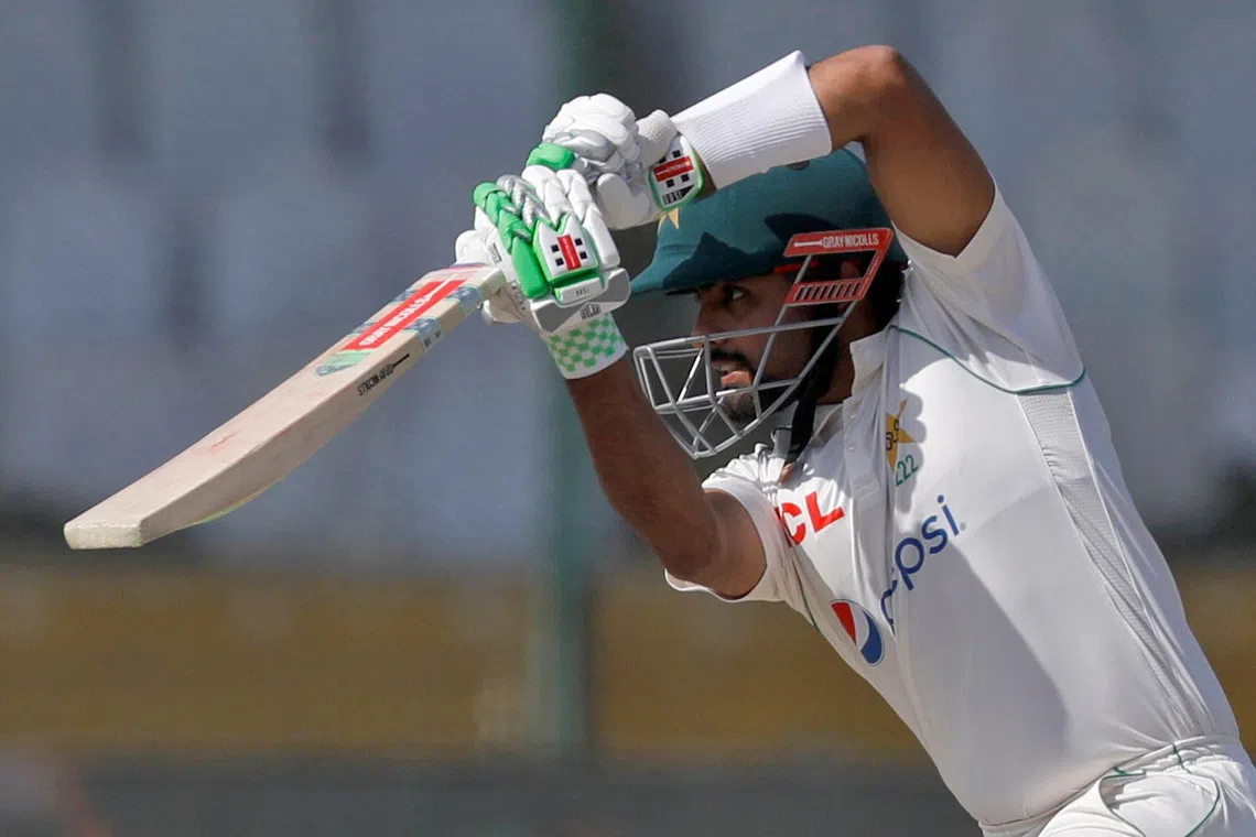Cricket - Third Test - Pakistan v England - National Stadium Karachi, Pakistan - December 19, 2022. Pakistan's captain Babar Azam plays a shot. REUTERS/Akhtar Soomro