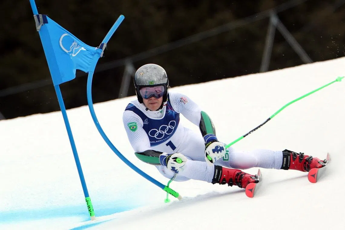 Milano Cortina 2026 Olympics - Alpine Skiing - Men's Giant Slalom Run 1 - Stelvio Ski Centre, Bormio, Italy - February 14, 2026. Lucas Pinheiro Braathen of Brazil in action during his first run REUTERS/Gintare Karpaviciute