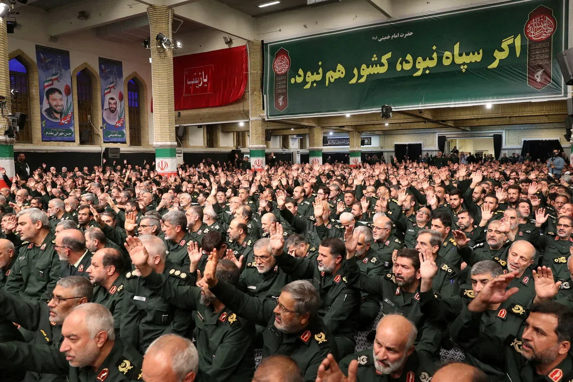 Commanders and members of the Islamic Revolutionary Guard Corps meet with Iran's Supreme Leader Ayatollah Ali Khamenei in Tehran, Iran August 17, 2023. Office of the Iranian Supreme Leader/WANA (West Asia News Agency) via REUTERS