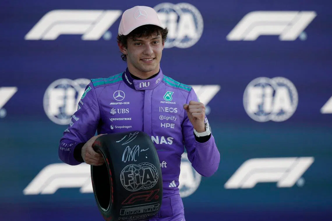 Formula One F1 - Miami Grand Prix - Miami International Autodrome, Miami, Florida, United States - May 2, 2026  Mercedes' Andrea Kimi Antonelli celebrates on the podium after qualifying in pole position REUTERS/Brian Snyder