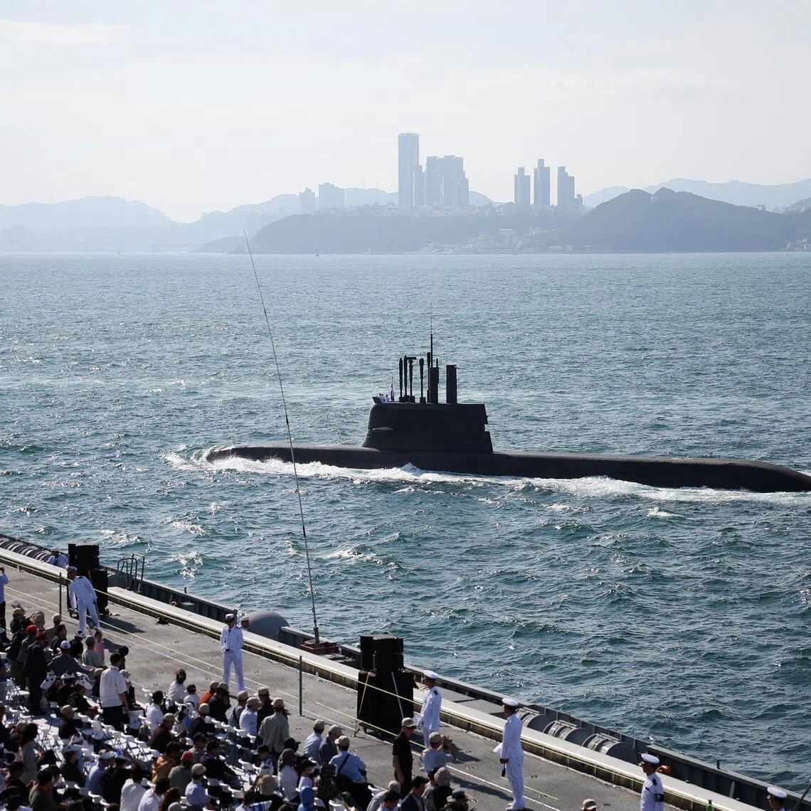 The South Korean Navy’s Shin Chae-ho, a KSS-III Dosan Ahn Changho class diesel-electric attack submarine, seen during a fleet review in the waters off Busan on Sept 26.