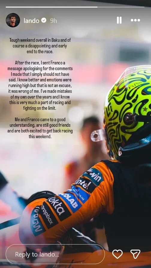 F1 champion Lando Norris apologised to Alpine’s Franco Colapinto for saying the Argentine driver deserved a race ban for causing a crash on Sept 27.