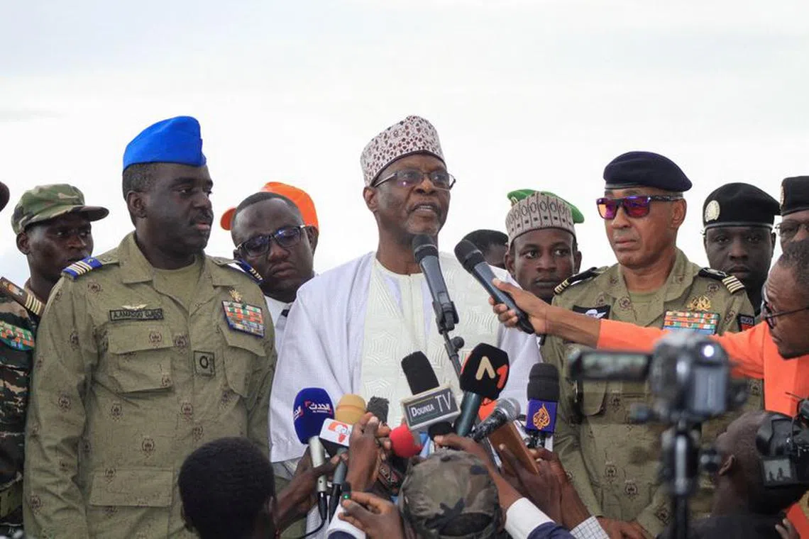 Foreign Affairs Minister Bakary seydou Sangarey, gives his speech as Niger junta's supporters hold rally to demand the French army to leave near French military base in Niamey, Niger October 1,  2023. REUTERS/Mahamadou Hamidou/File Photo
